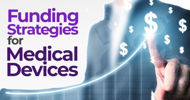 Abstract image depicting financial growth in the medical device industry. A silhouetted figure points to a glowing dollar sign on a rising graph, symbolizing successful funding strategies. The design is complemented by floating dollar signs and a sleek, modern digital aesthetic.