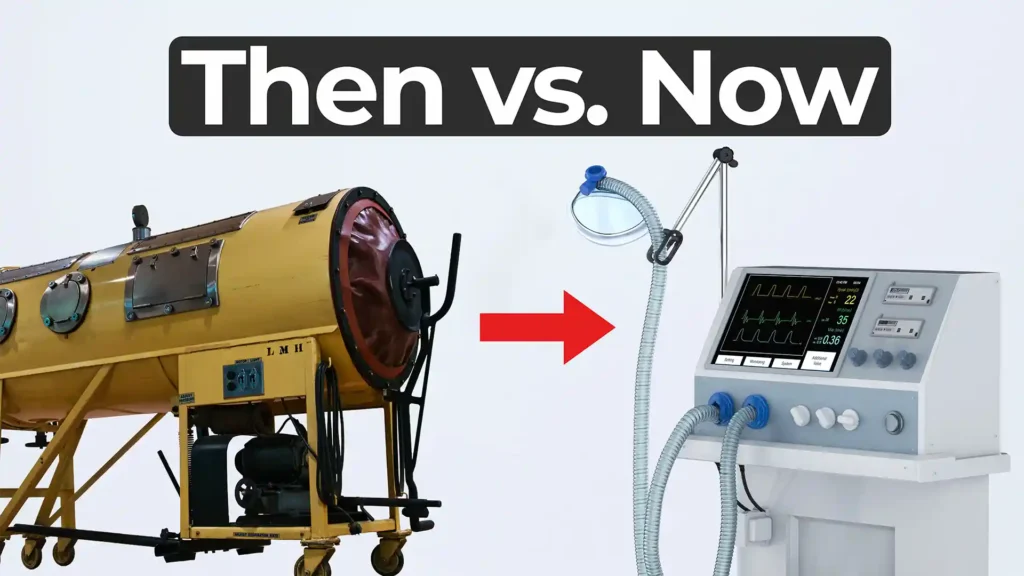 An iron lung on the left and a modern medical ventilator on the right, shown against a plain white background. A red arrow points from the iron lung to the ventilator. Bold overlay text reads: ‘Then vs. Now’ in white font on a black background.