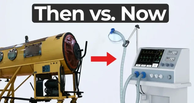 An iron lung on the left and a modern medical ventilator on the right, shown against a plain white background. A red arrow points from the iron lung to the ventilator. Bold overlay text reads: ‘Then vs. Now’ in white font on a black background.