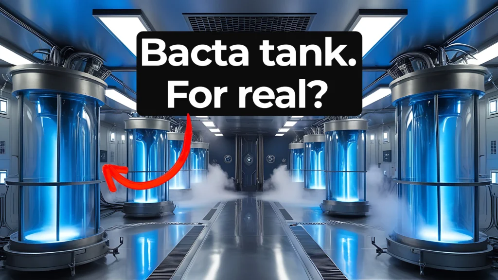 Futuristic laboratory with multiple glowing blue cylindrical tanks emitting mist. A red arrow points to one tank. Overlay text reads: ‘Bacta tank. For real?’ in bold white letters on a black background.