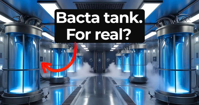 Futuristic laboratory with multiple glowing blue cylindrical tanks emitting mist. A red arrow points to one tank. Overlay text reads: ‘Bacta tank. For real?’ in bold white letters on a black background.
