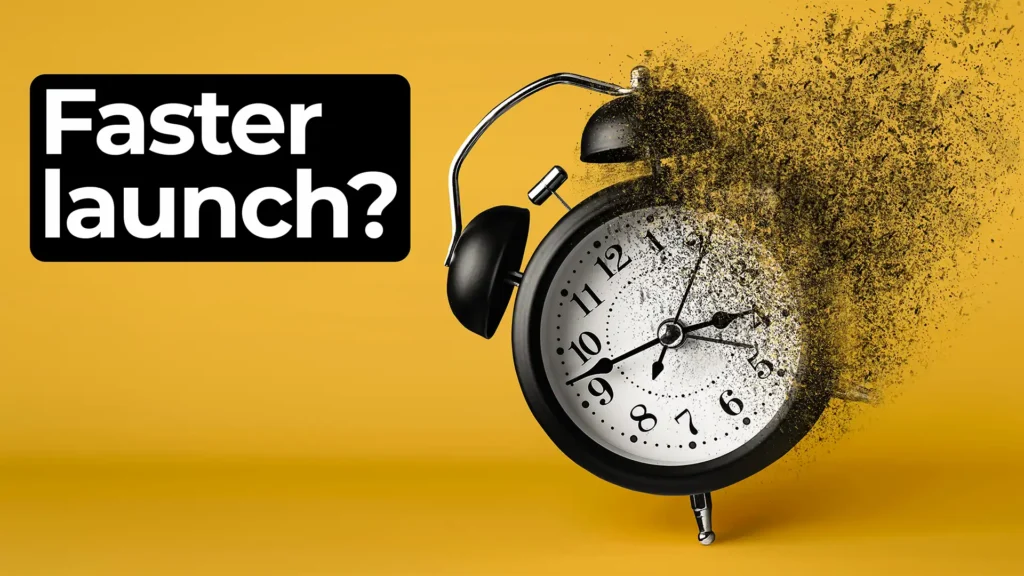Black alarm clock disintegrating into particles beside the bold text ‘Faster launch?’ on a yellow background, symbolizing accelerating medical device development timelines.
