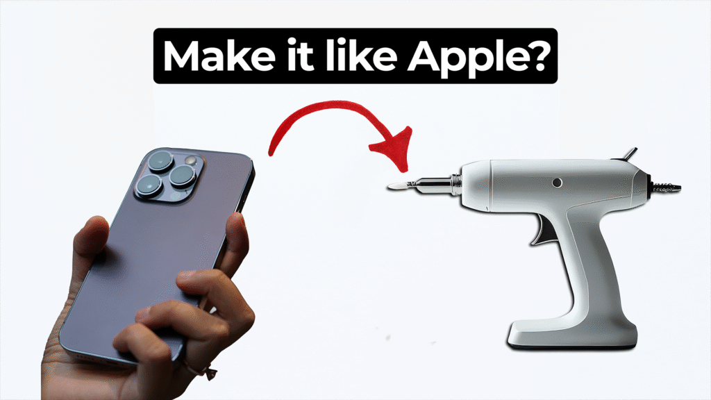 A hand holds an iPhone on the left side of the image, with a red curved arrow pointing to a sleek, futuristic medical device shaped like a handheld drill on the right. Above the arrow, a black box with white bold text reads, “Make it like Apple?”.