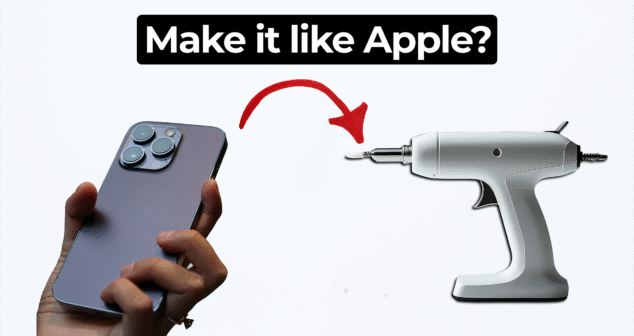 A hand holds an iPhone on the left side of the image, with a red curved arrow pointing to a sleek, futuristic medical device shaped like a handheld drill on the right. Above the arrow, a black box with white bold text reads, “Make it like Apple?”.