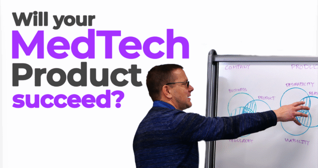 Thumbnail with the text 'Will your MedTech Product succeed?' in bold black and purple font. On the right, Mark Drlik wearing glasses gestures toward a whiteboard with triple Venn diagrams labeled with terms like 'Desirability,' 'Feasibility,' 'Viability,' and 'Regulatory.'