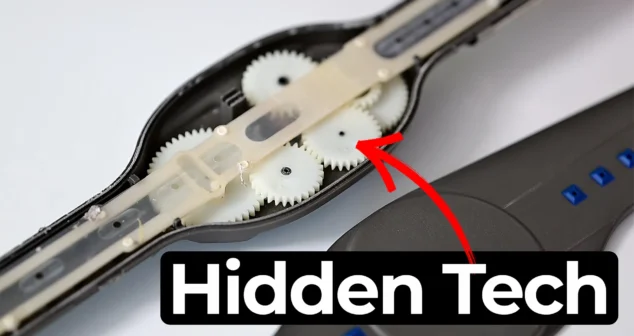Close up of a dishwasher spray bar opened to reveal hidden internal gears, highlighted with a red arrow and the text “Hidden Tech.”