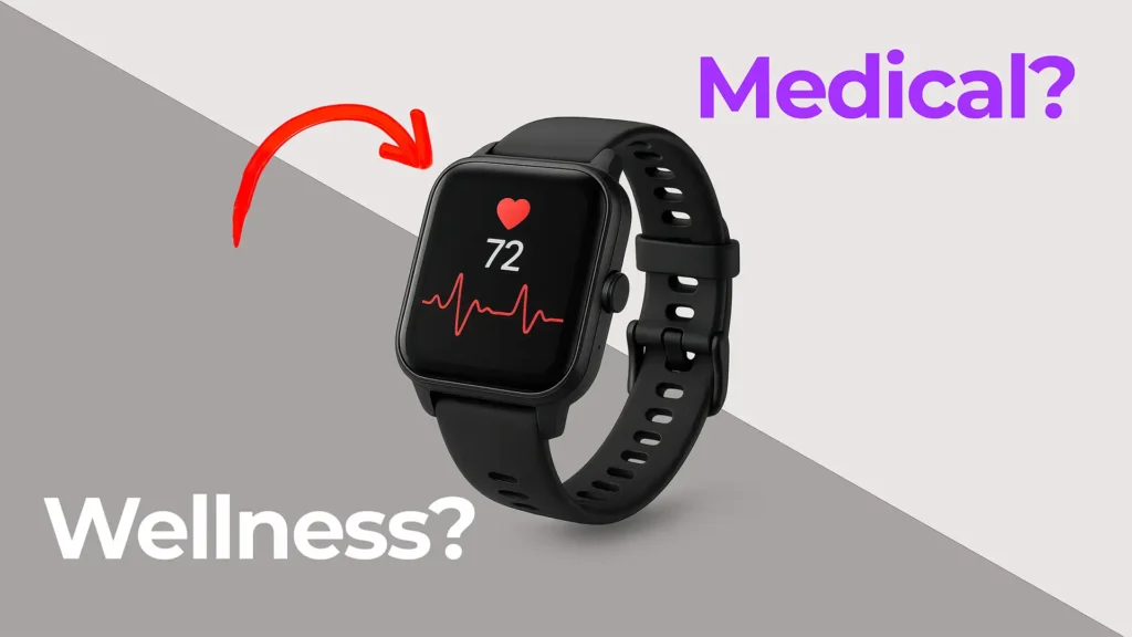 Smartwatch displaying heart rate and ECG-style waveform, illustrating the difference between wellness devices and medical devices in digital health regulation