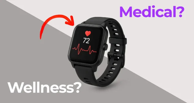 Smartwatch displaying heart rate and ECG-style waveform, illustrating the difference between wellness devices and medical devices in digital health regulation