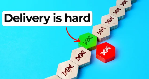 Thumbnail showing gene therapy delivery challenge with disrupted DNA pathway