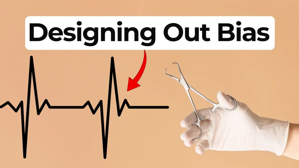Thumbnail with the words “Designing Out Bias” above an ECG waveform and a gloved hand holding a surgical instrument, highlighting bias in medical device design.