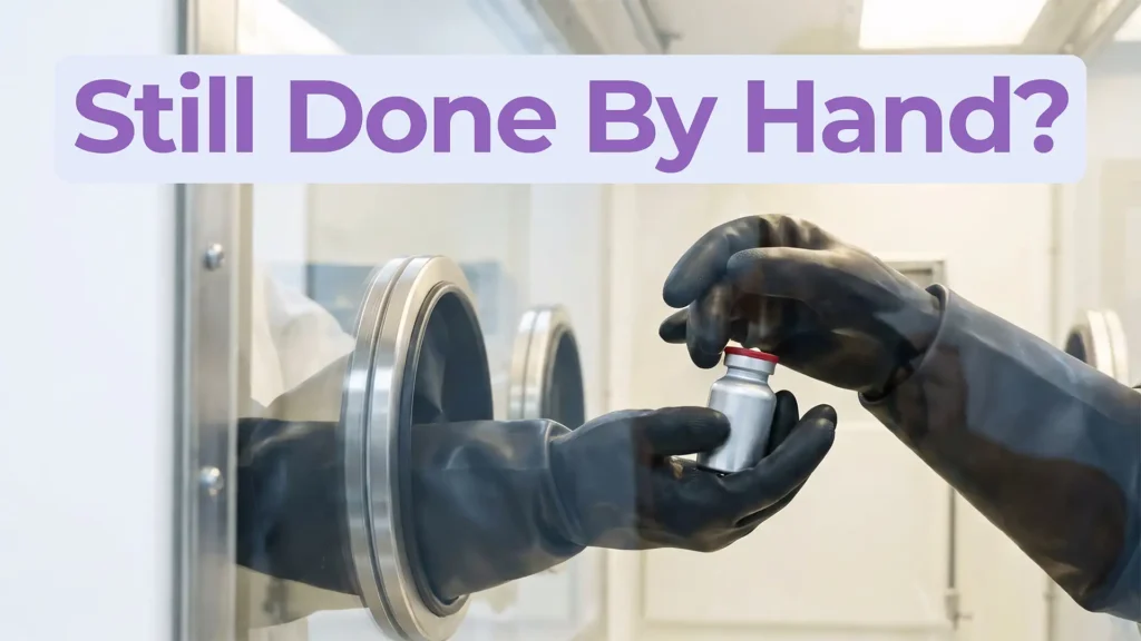 Gloved hands handling a pharmaceutical vial through a shielded enclosure, illustrating the manual theranostics delivery workflow discussed in a Bio Break episode