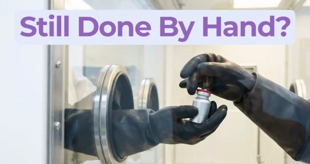 Gloved hands handling a pharmaceutical vial through a shielded enclosure, illustrating the manual theranostics delivery workflow discussed in a Bio Break episode