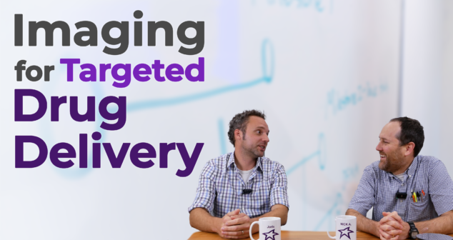 Two men, Nick and Joris, are seated at a table, engaged in a discussion. Both are wearing checkered shirts and have coffee mugs with their names on them. The background features a whiteboard with faint blue writing. The text overlay reads "Imaging for Targeted Drug Delivery" in bold, purple and black letters. The setting resembles a laboratory or office environment.