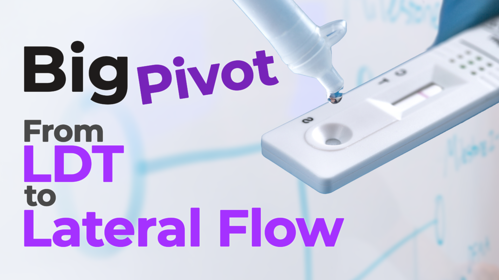 A close-up of a lateral flow test with a dropper releasing a liquid sample into the test well. The background features a blurred whiteboard with scientific diagrams. Bold text on the image reads "Big Pivot: From LDT to Lateral Flow," emphasizing the transition from lab-developed tests (LDT) to rapid lateral flow diagnostics.