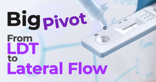 A close-up of a lateral flow test with a dropper releasing a liquid sample into the test well. The background features a blurred whiteboard with scientific diagrams. Bold text on the image reads "Big Pivot: From LDT to Lateral Flow," emphasizing the transition from lab-developed tests (LDT) to rapid lateral flow diagnostics.