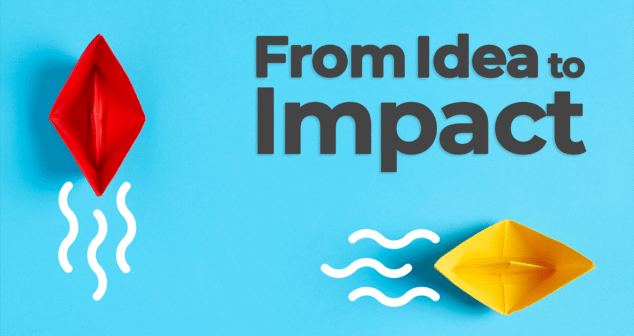 Two colorful paper boats—one red and one yellow—float on a blue background with illustrated white waves beneath them. Bold text reads "From Idea to Impact," symbolizing innovation and progress in medical device development.