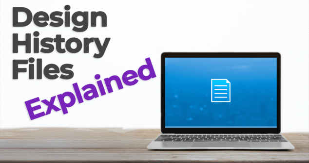 A laptop on a wooden desk displays a digital document icon on its screen. Beside it, bold text reads "Design History Files Explained," highlighting the topic of regulatory documentation in medical device development.