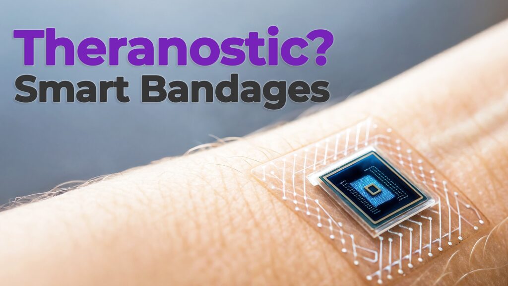 A close-up view of a transparent smart bandage with an embedded microchip adhered to human skin. The circuit lines are visible on the bandage surface. Overlay text reads “Theranostic? Smart Bandages” with “Theranostic?” in bold purple and “Smart Bandages” in bold black, set against a soft blue and skin-toned background.