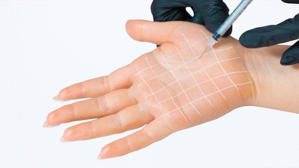 A gloved hand holds a syringe near the palm of another hand, which has a white grid drawn on it. The needle is poised to inject at the intersection of the lines. The background is plain white, drawing focus to the skin and procedural markings.