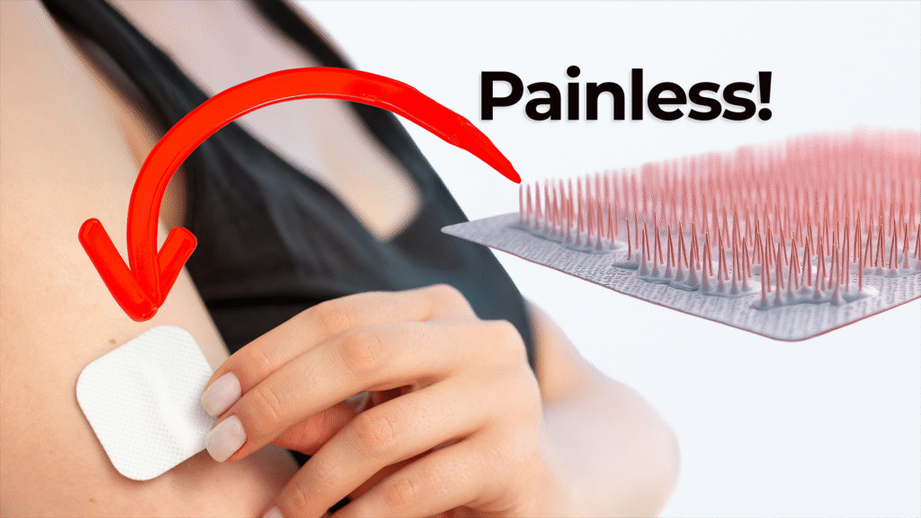 Person applying a white microneedle patch to their upper arm, with a red arrow pointing to the patch and a close-up of the microneedles on the right. Text reads “Painless!” to highlight the pain-free nature of the patch.
