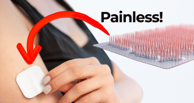 Person applying a white microneedle patch to their upper arm, with a red arrow pointing to the patch and a close-up of the microneedles on the right. Text reads “Painless!” to highlight the pain-free nature of the patch.