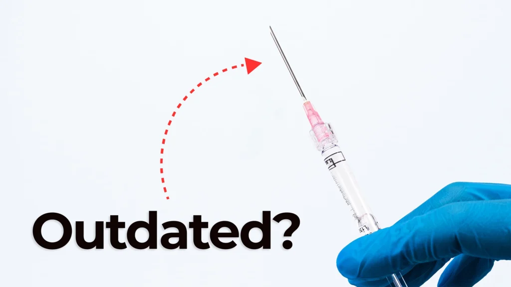 Jet Injector Drug Delivery - A gloved hand holds a syringe angled upward on a white background. A red dashed arrow curves upward from the syringe needle, pointing to empty space. Large black text on the left reads “Outdated?” suggesting a question about the relevance or currency of syringe-based technology.