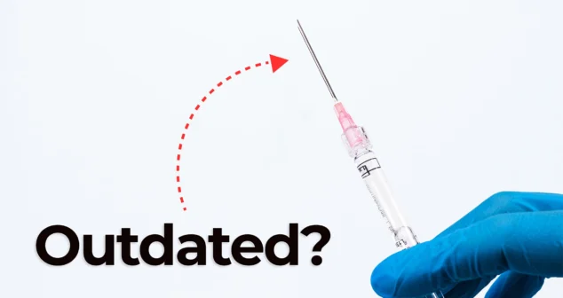 Jet Injector Drug Delivery - A gloved hand holds a syringe angled upward on a white background. A red dashed arrow curves upward from the syringe needle, pointing to empty space. Large black text on the left reads “Outdated?” suggesting a question about the relevance or currency of syringe-based technology.
