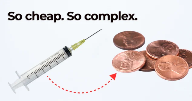 A disposable medical syringe is pointed toward a small pile of pennies, with a red dotted arrow connecting them. The text overlay reads, “So cheap. So complex.”