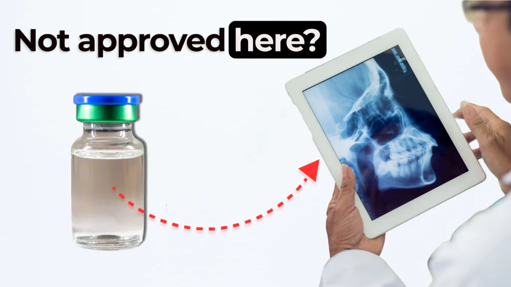 Thumbnail showing a vial of clear contrast agent on the left, with a red dotted arrow pointing to an X-ray image of a skull displayed on a tablet held by a person in a white coat. Overlay text reads “Not approved here?” in bold black and white text.