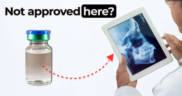 Thumbnail showing a vial of clear contrast agent on the left, with a red dotted arrow pointing to an X-ray image of a skull displayed on a tablet held by a person in a white coat. Overlay text reads “Not approved here?” in bold black and white text.
