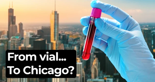 loved hand holding a blood vial in front of blurred Chicago skyline. Overlay text says ‘From vial… To Chicago?’ in bold white font on black background.