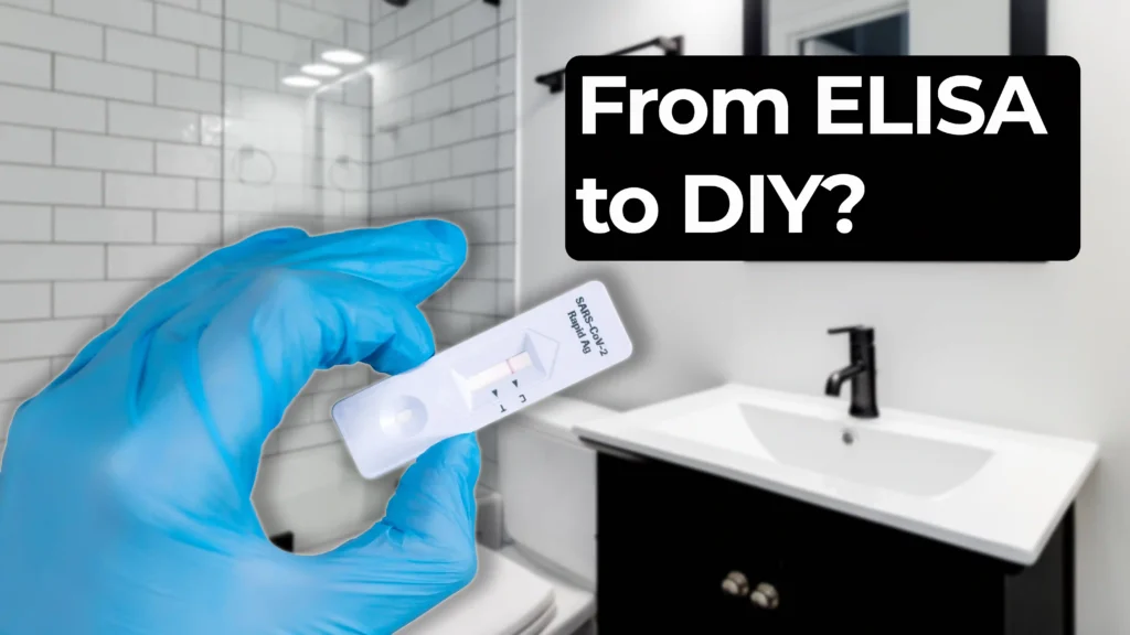 A gloved hand holds a COVID-19 lateral flow test in front of a white bathroom sink and tiled wall. Overlay text reads: ‘From ELISA to DIY?’ in bold white font on a black background.