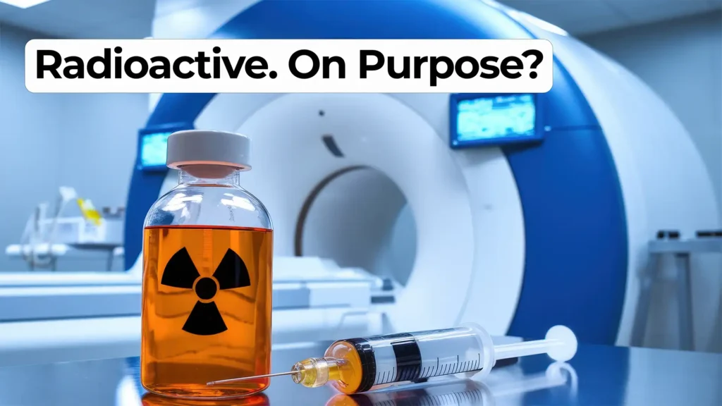 A vial of orange liquid with a radiation symbol and a syringe sit on a reflective metal surface in front of a large medical imaging machine. The overlay text reads: "Radioactive. On Purpose?" in bold black font on a white rounded background.
