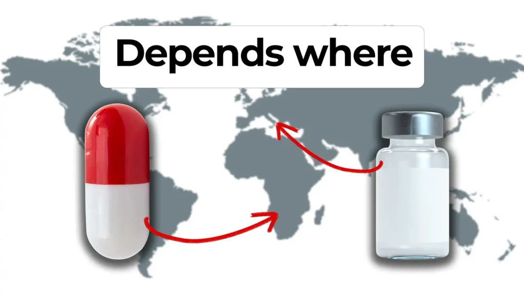 Pill and vial with arrows over world map. Overlay text reads: ‘Depends where’.