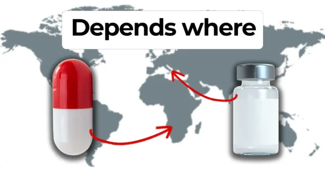 Pill and vial with arrows over world map. Overlay text reads: ‘Depends where’.