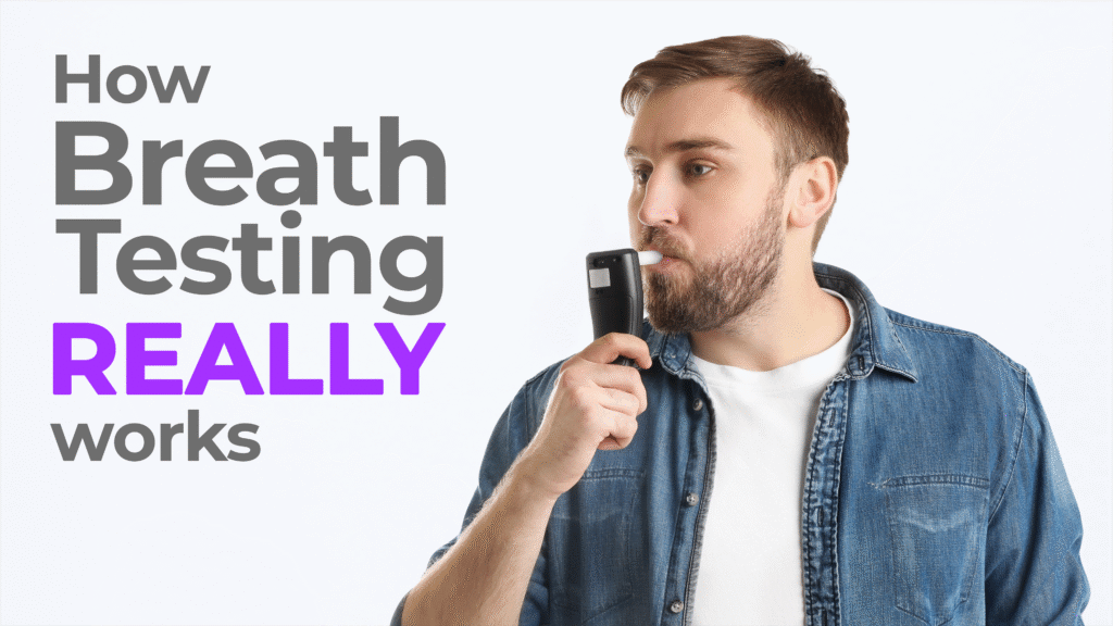 A bearded man in a denim shirt uses a handheld breathalyzer device. To the left, bold text reads: "How Breath Testing REALLY works," with the word "REALLY" emphasized in bright purple.