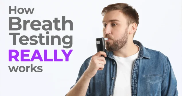 A bearded man in a denim shirt uses a handheld breathalyzer device. To the left, bold text reads: "How Breath Testing REALLY works," with the word "REALLY" emphasized in bright purple.