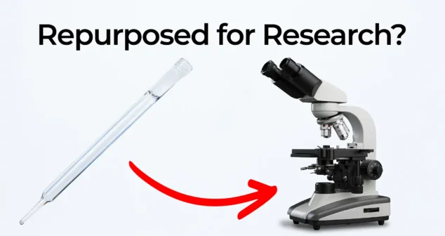 Thumbnail showing a medical sampling pipette with a red arrow pointing to a microscope under the text “Repurposed for Research?” illustrating medical device adaptation in scientific studies.