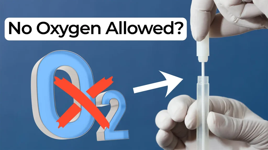 Gloved hands insert a swab into a sealed vial beside a crossed-out O₂ symbol with the text “No Oxygen Allowed?” illustrating anaerobic sample collection.