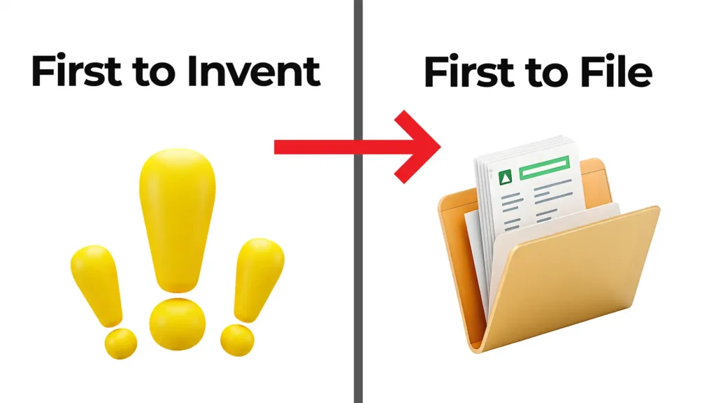 Thumbnail showing “First to Invent” with yellow exclamation marks transitioning via red arrow to “First to File” with a folder of patent documents, illustrating the shift in patent rules discussed in the Bio Break episode.