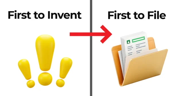 Thumbnail showing “First to Invent” with yellow exclamation marks transitioning via red arrow to “First to File” with a folder of patent documents, illustrating the shift in patent rules discussed in the Bio Break episode.
