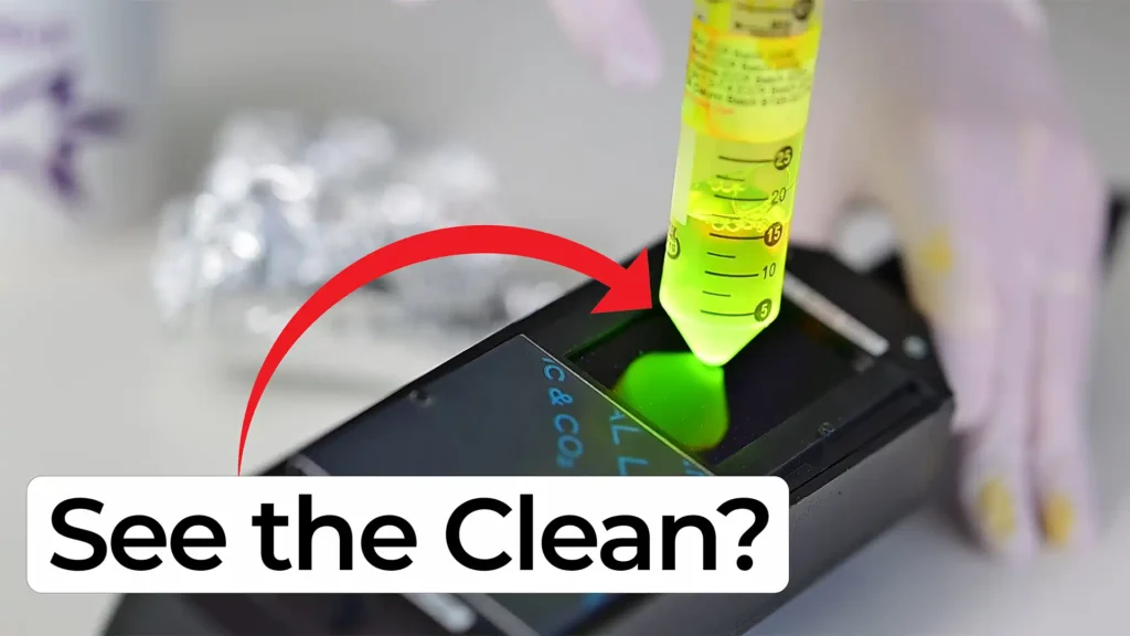 Gloved hand holds fluorescent liquid over a UV-lit surface with green glow and red arrow pointing to the light, captioned ‘See the Clean?