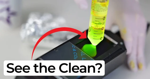 Gloved hand holds fluorescent liquid over a UV-lit surface with green glow and red arrow pointing to the light, captioned ‘See the Clean?