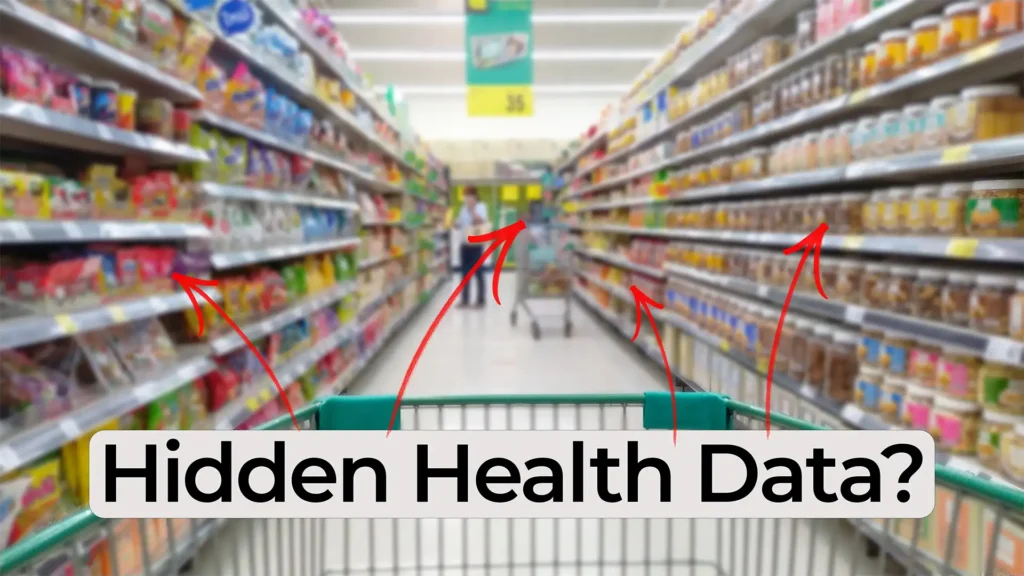 Grocery store aisle with red arrows highlighting items that reveal hidden health data, illustrating how consumer shopping behavior can signal medical information.