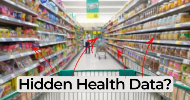 Grocery store aisle with red arrows highlighting items that reveal hidden health data, illustrating how consumer shopping behavior can signal medical information.