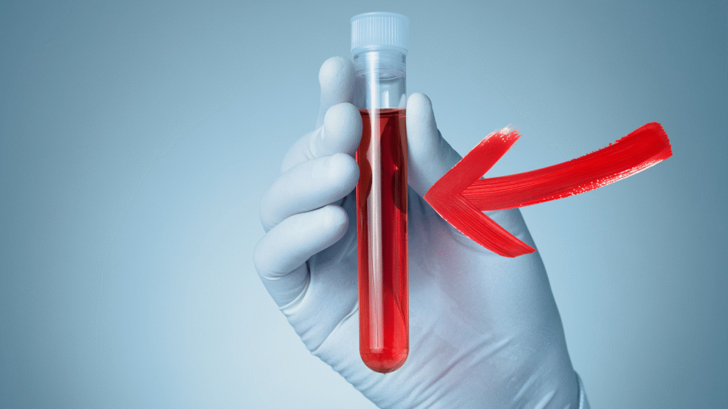 Gloved hand holding a test tube filled with red liquid, with a large red arrow pointing at the tube on a blue gradient background.