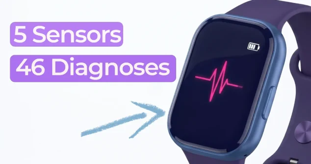 Smartwatch displaying heart rate waveform with text reading “5 Sensors, 46 Diagnoses,” illustrating wearable health sensors used for medical diagnosis.