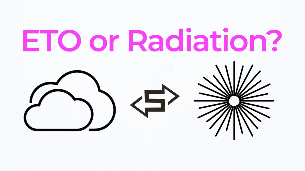 Thumbnail showing the text “ETO or Radiation?” with a cloud icon representing ethylene oxide sterilization and a radiating burst icon representing radiation sterilization for medical devices.