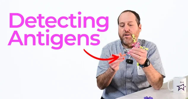 Nick from StarFish Medical demonstrating antigen detection using a toy antibody model to explain how monoclonal antibodies bind antigens in ELISA diagnostics
