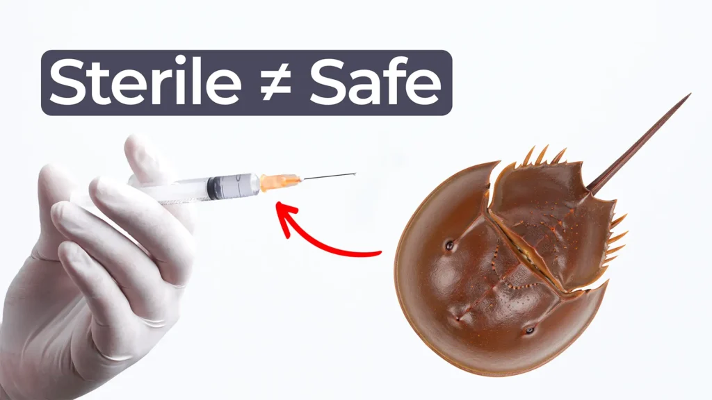 Bacterial endotoxin testing concept showing syringe and horseshoe crab representing LAL test for medical device safety
